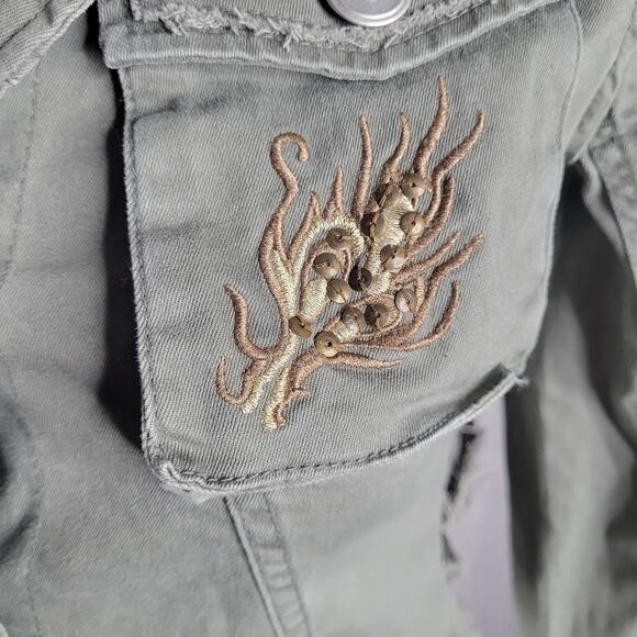 Haute Monde Raw Hem Dragon Embroidered Green Fringe Denim Jacket Womens Small - Picture 7 of 10